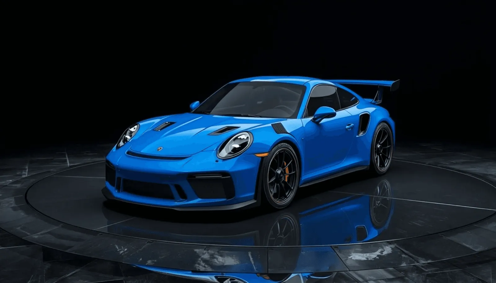 Blue sports car on a dark studio turntable