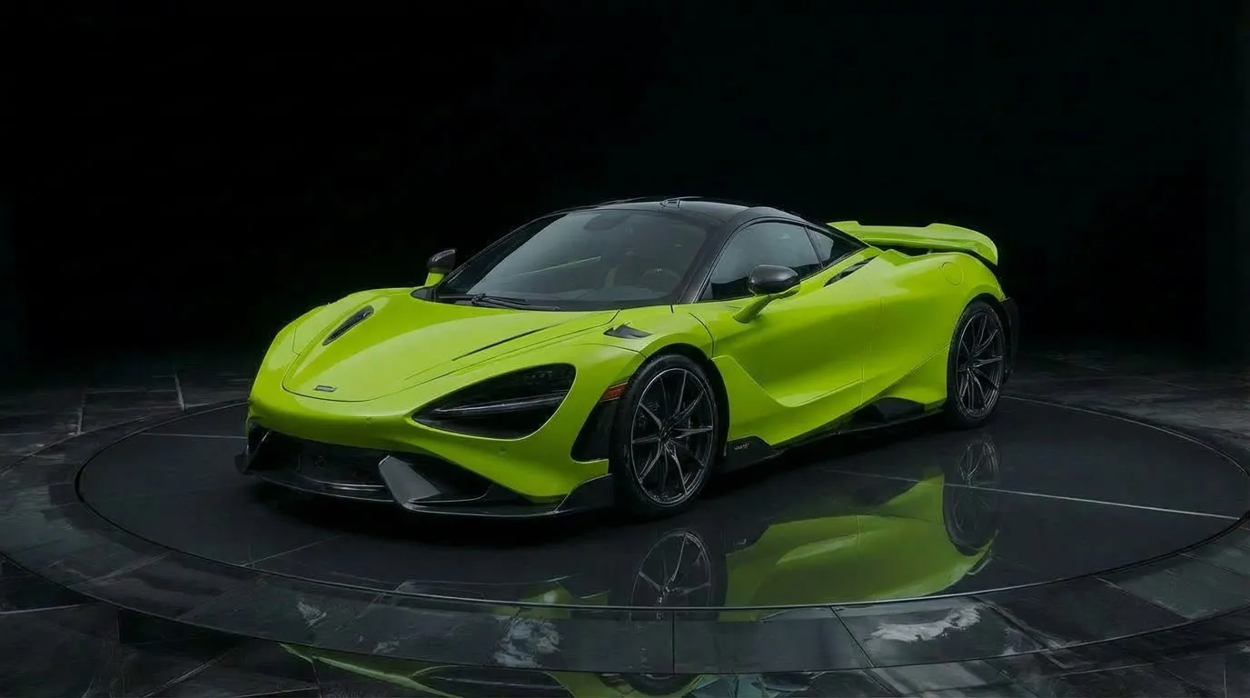 Lime green supercar on a dark studio turntable