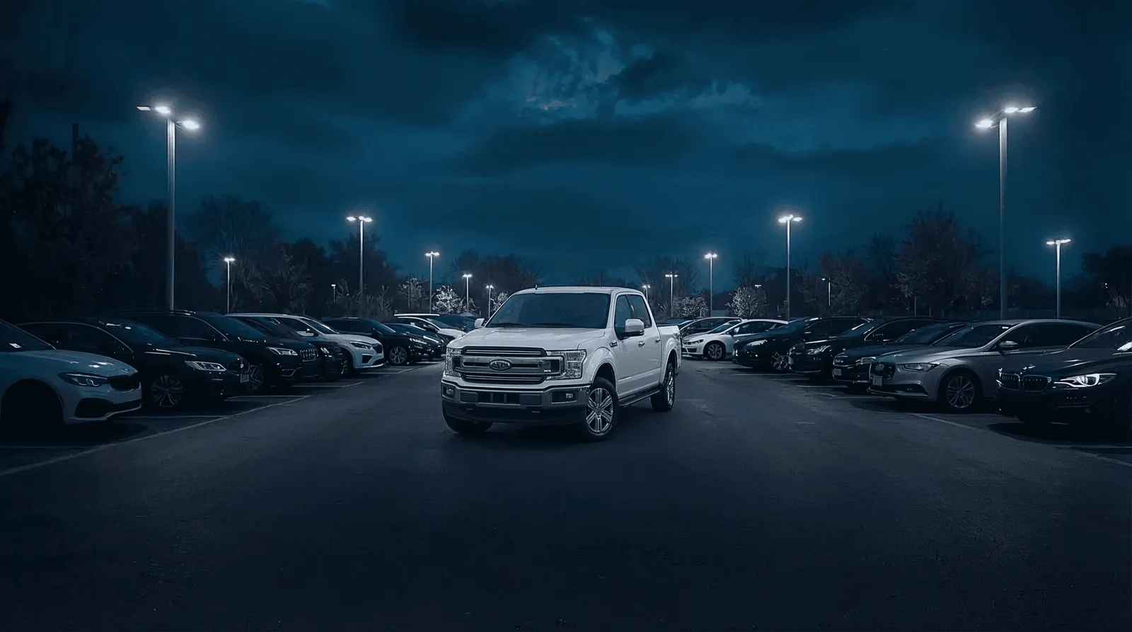 Fleet pickups parked in rows under lot lights
