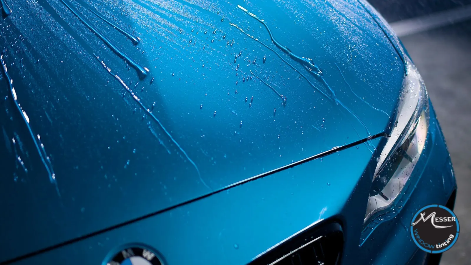 Rain beading on a coated blue hood